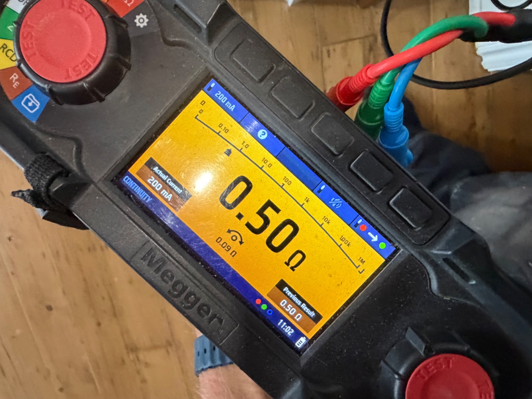 Megger MFT-X1 continuity result — 0.50 Ω on the extended ring, well within limits
