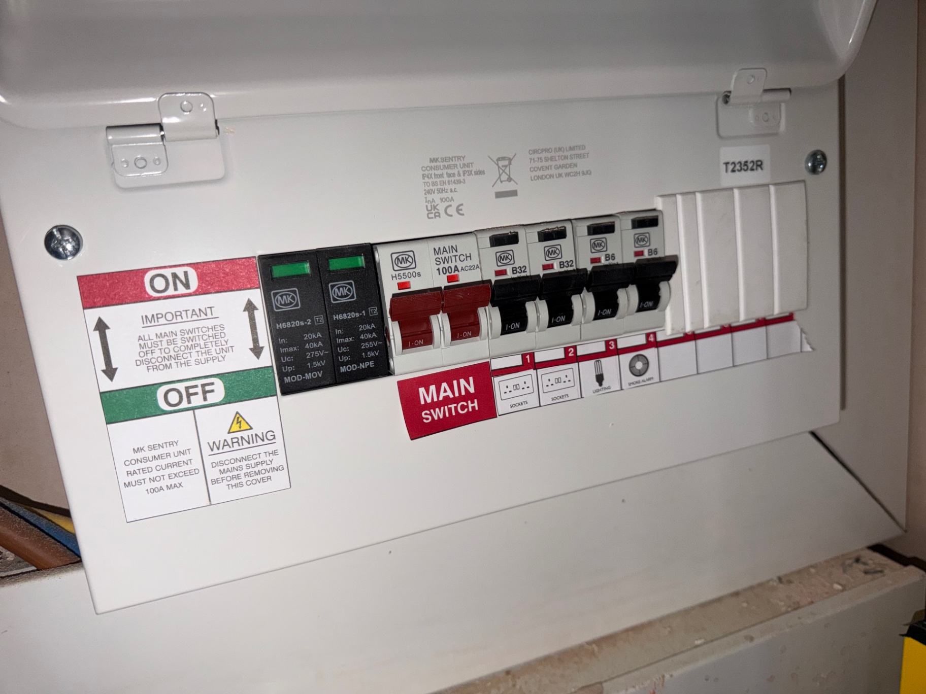 Existing MK Sentry consumer unit with Type 2 surge protection (SPD) already fitted