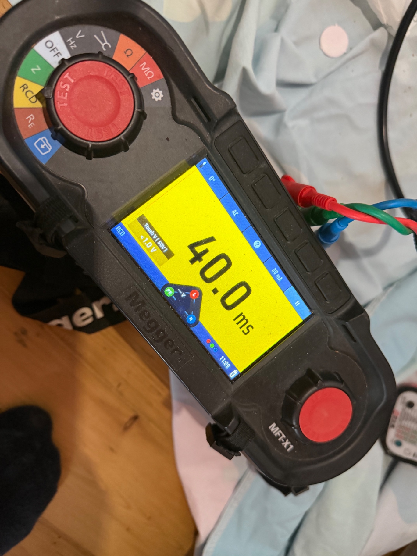 Megger MFT-X1 RCD disconnection time result — 40.0 ms at I∆n, well inside the 300 ms limit for an RCD-protected circuit