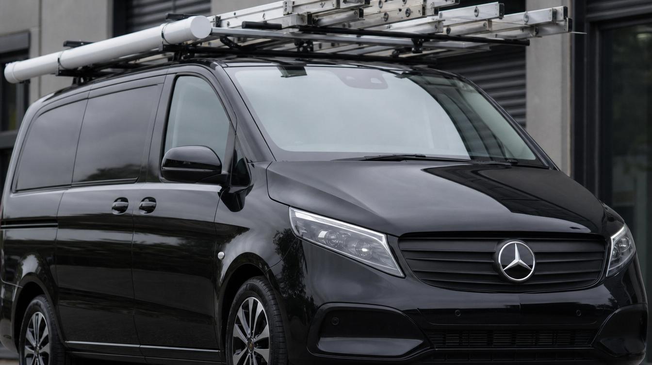 All Cabling 2024 Mercedes-Benz Vito 119 in Obsidian Black with roof rack, ladders and Rhino pipe tube. A discreet, unmarked, well-stocked callout vehicle.
