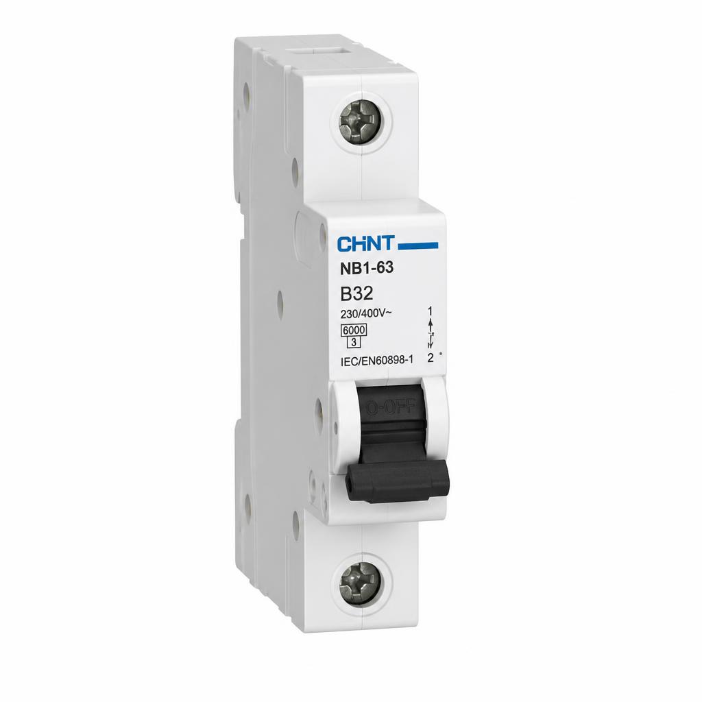 Modern white DIN rail miniature circuit breaker with black toggle switch