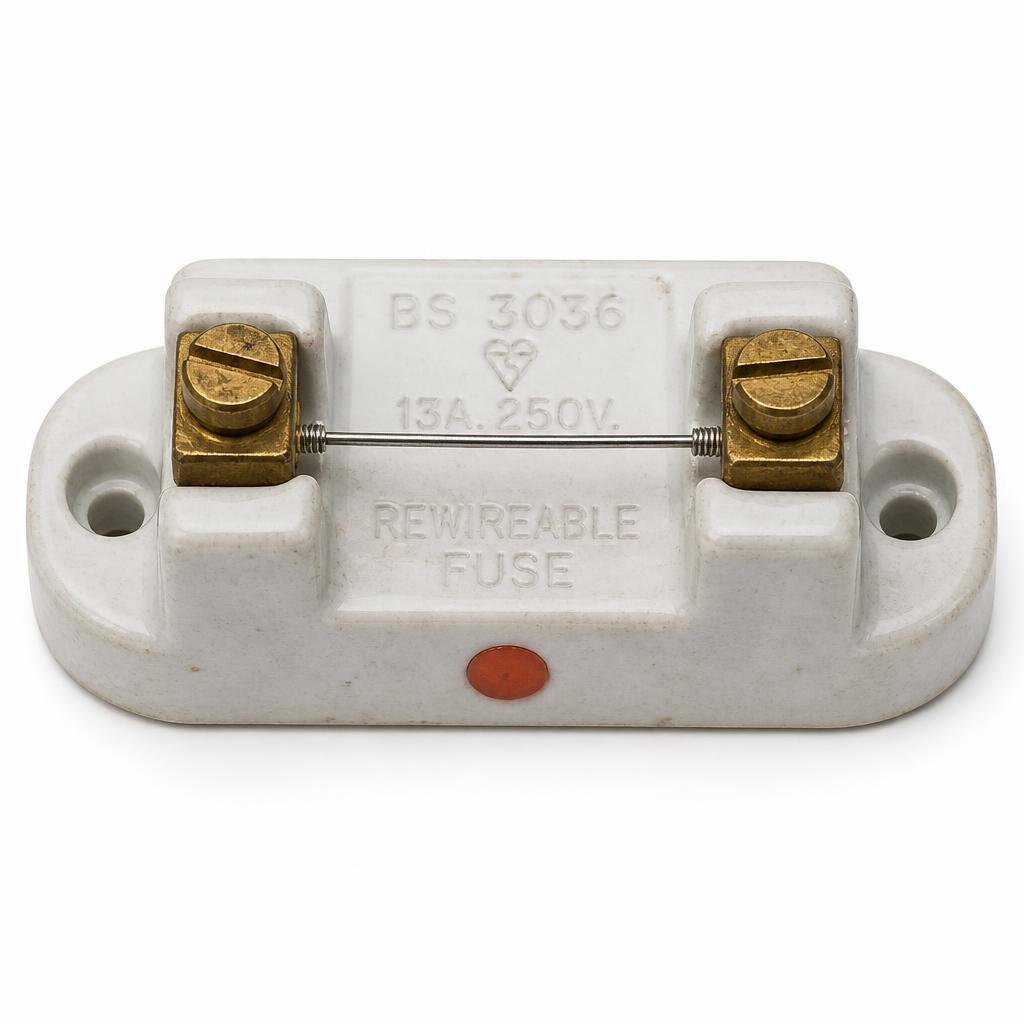 Vintage white ceramic semi-enclosed BS 3036 rewireable fuse holder with exposed tinned copper fuse wire