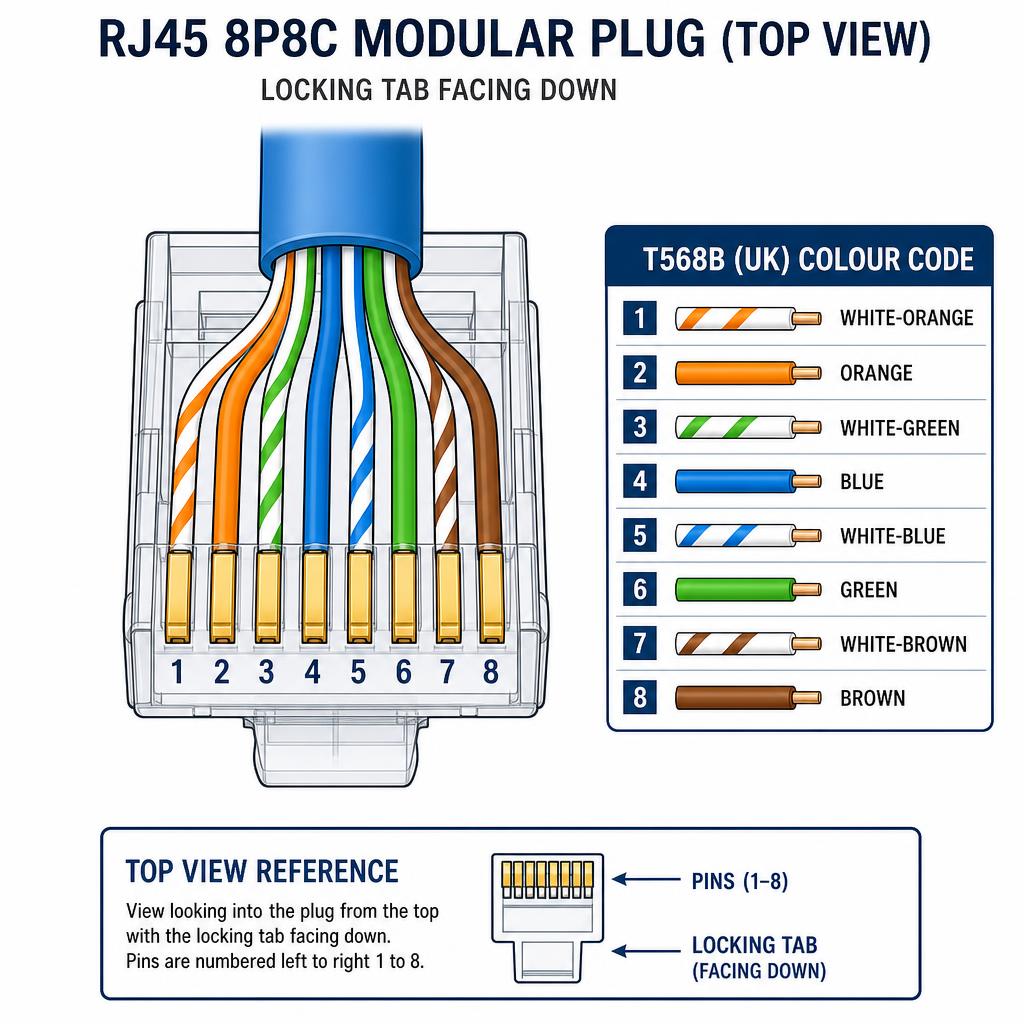 RJ45 8P8C plug top view with locking tab facing down, showing T568B UK colour code pins 1 to 8: white-orange, orange, white-green, blue, white-blue, green, white-brown, brown
